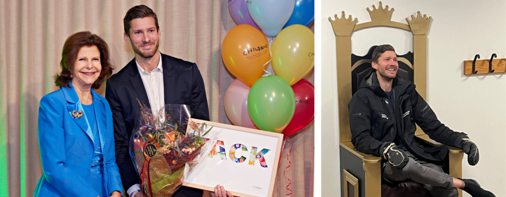 H. M. Drottning Silvia och Andreas Carlson, vinnare av Childhoodpriset 2022.